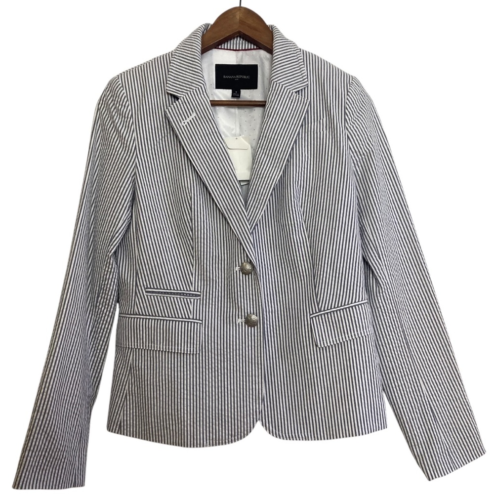New Banana Republic Blazer Womens 8 Gray White Cotton Stretch Seersucker Jacket
